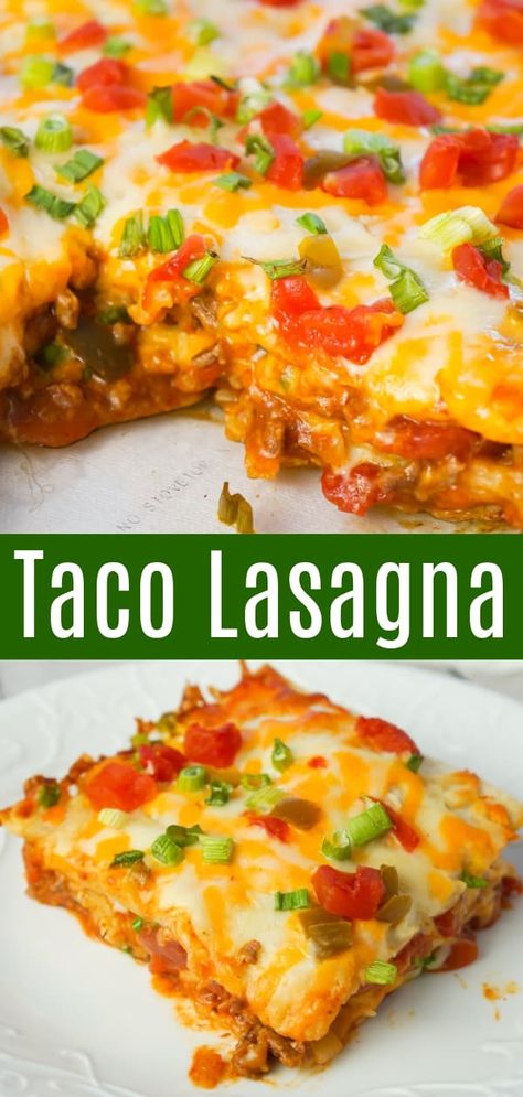 Taco Lasagna is an easy casserole recipe with layers of soft tortillas, shredded cheese, ground beef and salsa. Lasagna Taco, Taco Lasagne, Lasagna Recipe Without Ricotta, Food Lasagna, Taco Lasagna Recipe, Lasagna Recipe With Ricotta, Soft Foods Diet, Taco Lasagna, Lasagna Casserole