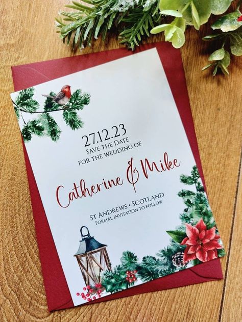 personalised save the date cards. Printed Wedding and evening invites. Christmas winter wedding. Red, Robin, lanterns, poinsettia. Christmas Theme Wedding Invitations, Christmas Wedding Announcements, Christmas Save The Date, Christmas Wedding Themes, Save The Date Cards Wedding, Wedding Announcements Photos, Christmas Wedding Invitations, Daughter Birthday Cards, Wedding Themes Winter