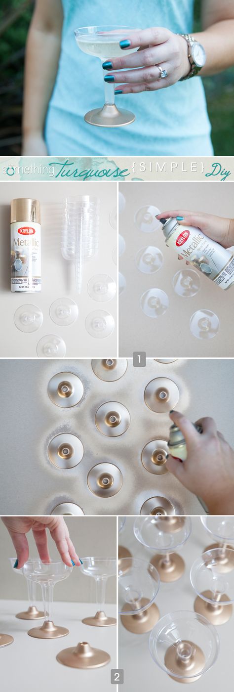 Easily jazz up boring plastic champagne cups with a coat of spray paint! #simpleDIY #somethingturquoise Champagne Cups, Bachelorette Diy, Diy Wine Glasses, Diy Bachelorette Party, Champagne Party, בר מצווה, Diy Wine, Champagne Glasses, Wedding Planners