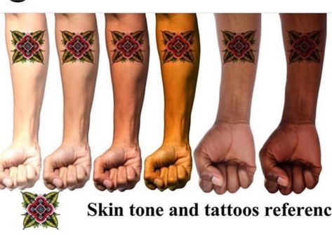 Skin tone and tattoos reference. Tattoos On Different Skin Tones, Arm Tattoo Reference, Tattoos Reference, Mai Avatar, Tattoo 101, Colour Tattoo, Henna Hand, Tattoo Techniques, Type Tattoo