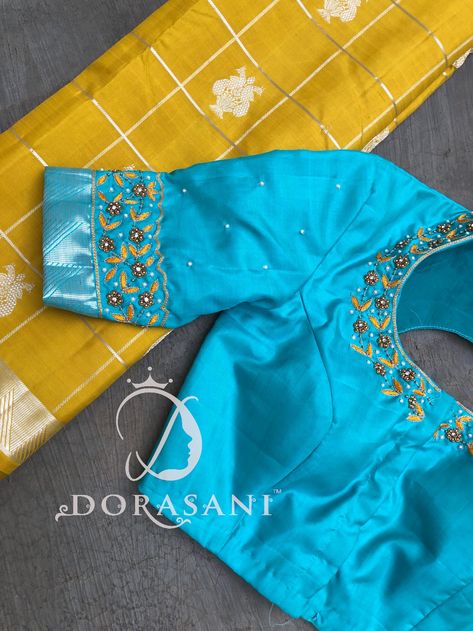 #yellowsaree #yellow #saree #sareeblouse #blousedesigns #designerblouses #blouses #handembroidery #maggamwork #handmade #madeinindia Blue With Yellow Blouse Designs, Blouse With Yellow Saree, Work Blouse Designs, Saree Blouse Neck Designs, Wedding Saree Blouse Designs, Maggam Works, Cutwork Blouse Designs, Sari Blouse Designs, New Blouse Designs