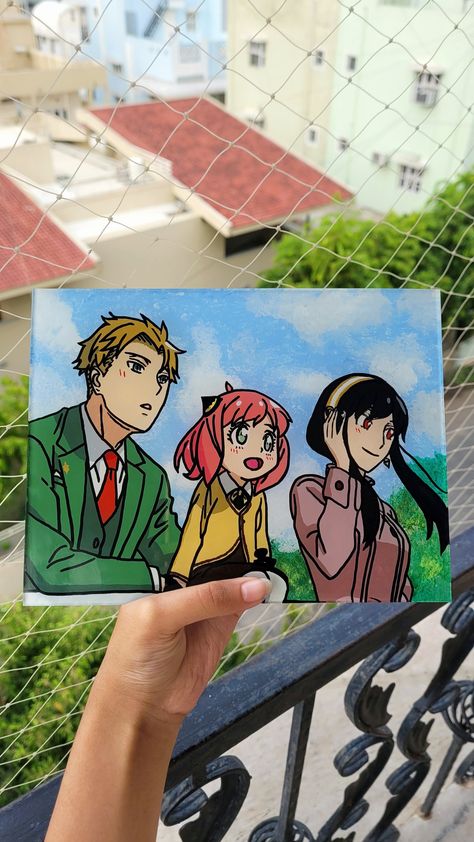 Spy family glass painting <3 Spy X Family Painting Ideas, Spy X Family Canvas Painting, Spy X Family Glass Painting, Spy Family Painting, Spy X Family Painting, Anime Canvas Painting, Family Collage, Family Canvas, Family Drawing