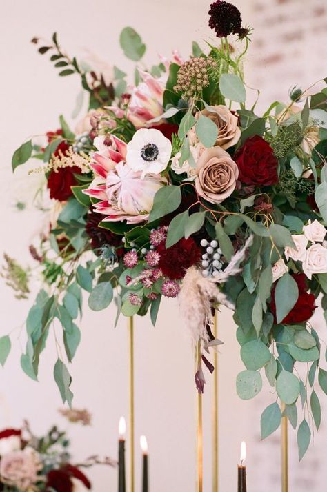 Navy Wedding Centerpieces, Burgundy And Navy Wedding, Gold And Burgundy Wedding, Boho Centerpiece, Boho Wedding Centerpieces, Flower Arch, Wedding Floral Centerpieces, Tall Centerpieces, Vintage Weddings