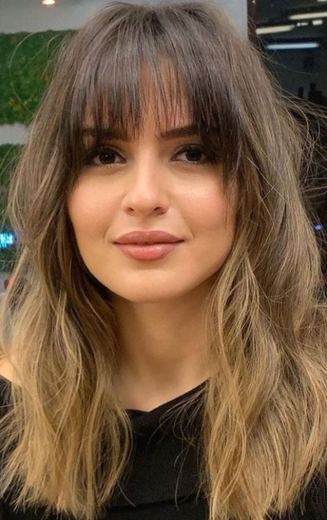 Ombre With Bangs Mid Length, Bangs With Ombre Hair, Ghost Bangs Hair, Long Haircut With Bangs And Layers Round Face, Ombré With Bangs, Balage With Bangs, Ombré Hair With Bangs, Medium Length Haircuts With Layers Straight Hair Long Bangs, Medium Hair Cuts With Bangs And Layers