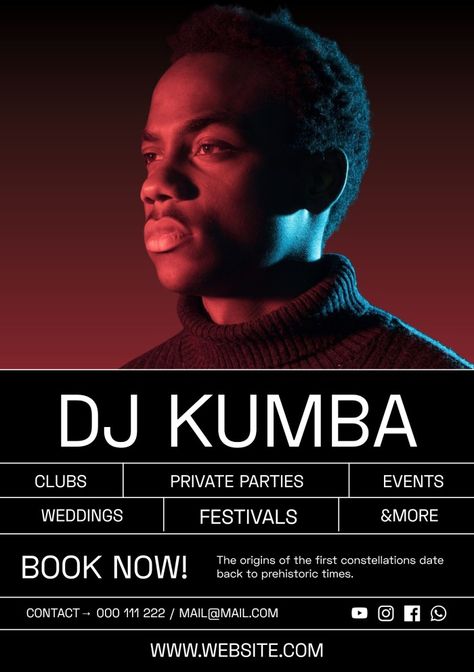 Professional DJ Kumba Booking Flyer Dj Flyers Creative, Dj Booking Flyer, Dj Booking Flyer Design, Dj Content Ideas, Dj Graphic Design, Dj Portfolio, Dj Poster Design, Dj Flyer Design, Dj Branding