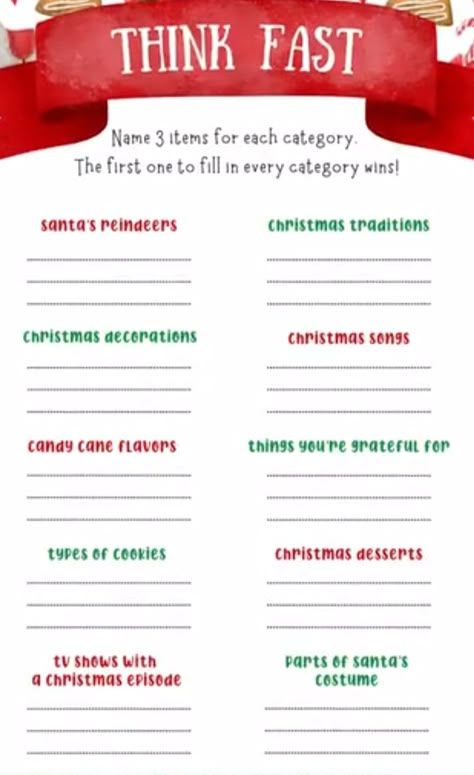 Christmas Pictionary Ideas, Think Fast Game, Christmas Party Games For Groups, Christmas Eve Games, Fun Christmas Party Ideas, Fun Family Christmas Games, Christmas Trivia Games, Christmas Gift Games, Christmas Party Activities