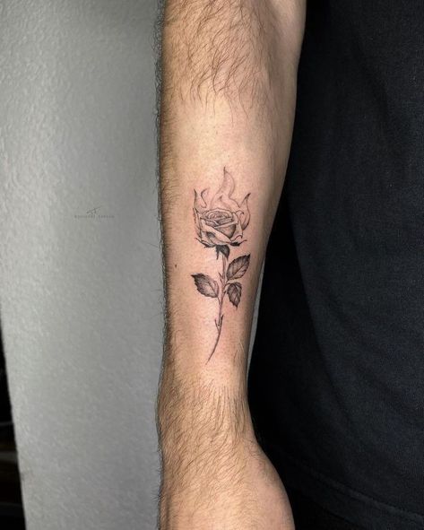 Mens Rose Arm Tattoo, Rose Tattoo Arm Man, Rose Bicep Tattoo Men, Fire And Rose Tattoo, Arm Rose Tattoo For Men, Fine Line Rose Tattoo Men, Tattoo Roses Men, Men’s Rose Tattoos, Rose And Fire Tattoo