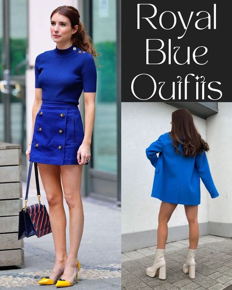 Royal Blue And Black Outfit, Royal Blue Outfits Casual, Royal Blue Shoes Outfit, Royal Blue Skirt Outfit Ideas, Navy Blue Outfit Ideas Casual, Royal Blue Outfit Ideas Casual, Blue Outfit Ideas Casual, Blue Party Outfit, Royal Blue Outfit Ideas