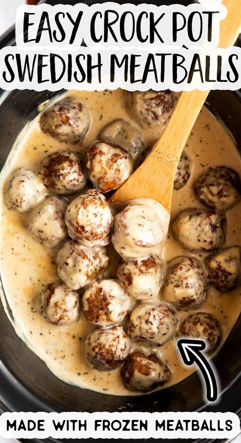 This recipe for Swedish Meatballs is SO easy to make in the slow cooker! The meatballs come out juicy and there is so much creamy sauce, perfect for mopping up with mashed potatoes or buttered noodles. Instructions for frozen meatballs for extremely quick prep, plus instructions for homemade meatballs if you want to cook from scratch. | #swedishmeatballs #meatballrecipe #groundbeefrecipe #crockpotmeals #crockpotrecipe #slowcookerrecipe #crockpotdinner #slowcookerdinner #easydinner Slow Cooker Sweedish Meatballs, Easy Sweedish Meatballs, Sweetish Meatballs Recipe, Slow Cooker Frozen Meatballs, Best Swedish Meatballs, Easy Swedish Meatball Recipe, Slow Cooker Swedish Meatballs, Swedish Meatballs Crockpot, Meatball Recipes Crockpot