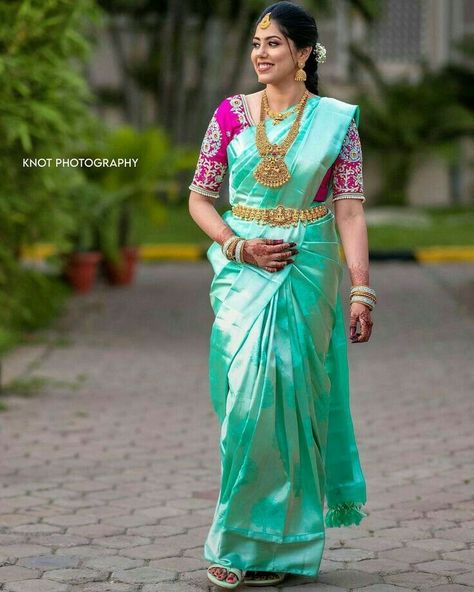 Anushka Saree Images, Sea Green Pattu Saree Wedding, Sea Blue Saree Contrast Blouse, Sea Green Saree Blouse Combination, Blue Blouse Designs, Silk Saree Blouse Designs Patterns, Latest Bridal Blouse Designs, Saree Wearing Styles, Simple Saree Designs