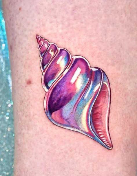 Colorful Sea Tattoo, Artist Tattoos For Women, Partial Color Tattoo, Sea Glass Tattoo, Shell Tattoo With Flowers, Holographic Tattoo, Coral Reef Tattoo, Kitschy Style, Lip Stencil