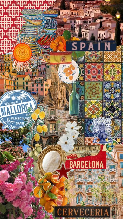 Spain collage homemade Spain Collage, Spain Wallpaper, Spain Aesthetics, Spain Aesthetic, Dress Illustration, Collage Board, Summer Scrapbook, Yellow Wallpaper, Balearic Islands