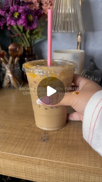 Mayra ✨ on Instagram: "Brown sugar shaken espresso 🤎✨

@nescafe gold intense
• 2 tsp instant espresso 
• 2 tsp brown sugar 
• dash of cinnamon 
• 4oz warm water 
• ice
• Shake 
• more ice 
• @oatly oat milk" Brown Sugar Oat Milk Shaken Espresso, Nescafe Gold Espresso Recipe, Brown Sugar Shaken Espresso, Coffee Recipes Hot, Nescafe Gold, Instant Espresso, Shaken Espresso, Infused Waters, Espresso Recipes