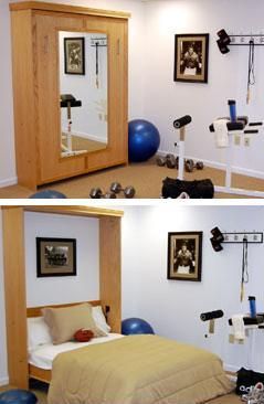 Murphy Bed for the Workout Room~the mirror added to this one makes it great for a workout room/guest space Bedroom Canada, Workout Organization, Murphy Bed Ideas, Workout Room Decor, Best Murphy Bed, Ikea Apartments, Kids Bedroom Remodel, Guest Bedroom Remodel, Murphy Bed Ikea