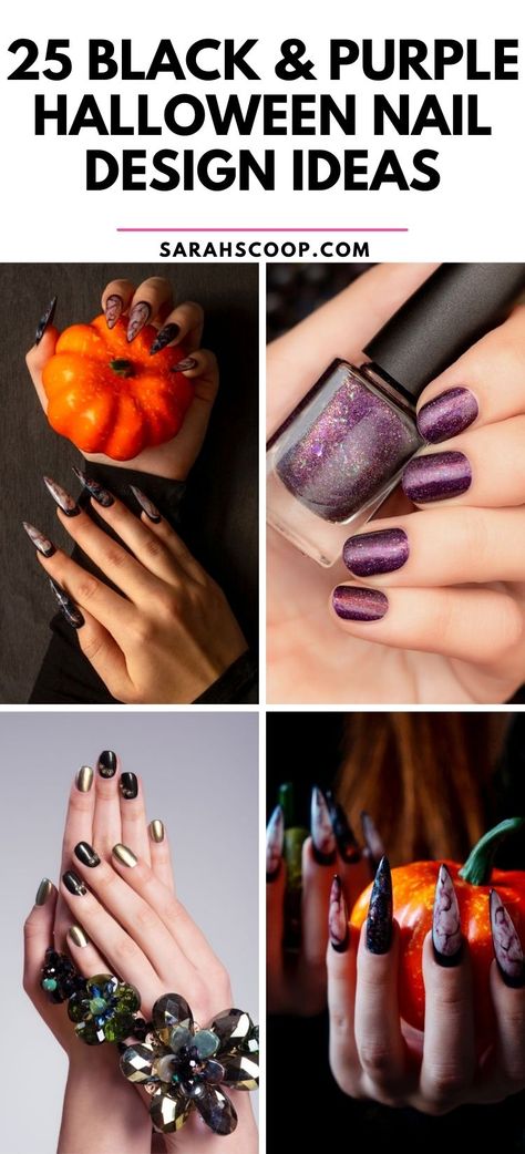 Spook up your style with these bewitching black and purple Halloween nails! 🖤💜 #halloween #nailinspo #black #purple Halloween Purple Nails, Purple And Black Nail Ideas, Black And Purple Halloween Nails, Purple Halloween Nail Designs, Black And Purple Halloween, Purple Halloween Nails, Half Moon Manicure, Mandala Nails, Splatter Nails