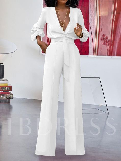 Plain Lace-Up Full Length Fashion Loose Women's Jumpsuit Chique Outfits, Jumpsuit Elegant, Woman Suit Fashion, Looks Chic, Jumpsuit Fashion, Suit Fashion, White Pants, Classy Dress, Elegant Outfit