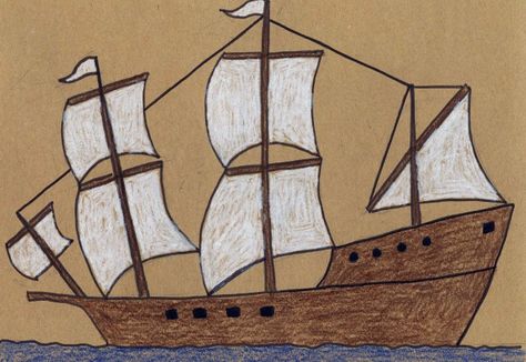 Thanksgiving applied art: draw the Mayflower on scrapbooking kraft paper with white colored pencils (Prismacolor worked better than Crayola for us). This was very satisfying for ages 7-13. 13yo cut the paper & drew on 1/4 of the size of the scrapbook page. The 7yo needed help with each frame of the tutorial. Mayflower Art, Thanksgiving Art Projects, The Mayflower, 2nd Grade Art, Fall Art Projects, 4th Grade Art, 3rd Grade Art, Art Projects For Kids, Thanksgiving Art