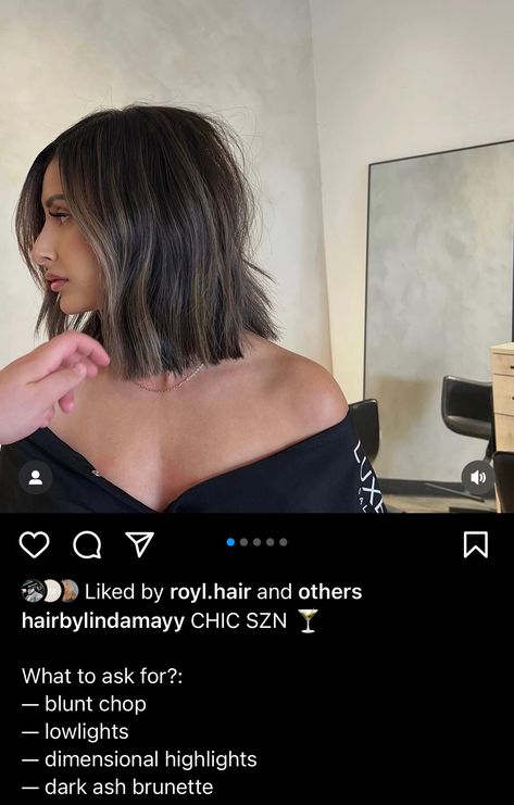 Dark Bob Hair, Cool Brown Short Hair, Brunette Balayage Bob Hair, Ashy Brown Hair Short, Dimensional Brunette Bob, Mushroom Brown Lob, Short Dark Hair With Dimension, Dark Brown Eyes Hair Color Ideas, Short Hair Dark Balayage