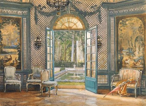 Rendering of the Trellis Room at the Colony Club, interior design by Elsie de Wolfe Best Coffee Table Books, Elsie De Wolfe, Design Library, Interior Illustration, Interior Rendering, Open Door, Vintage Interiors, Elder Scrolls, Winter Garden