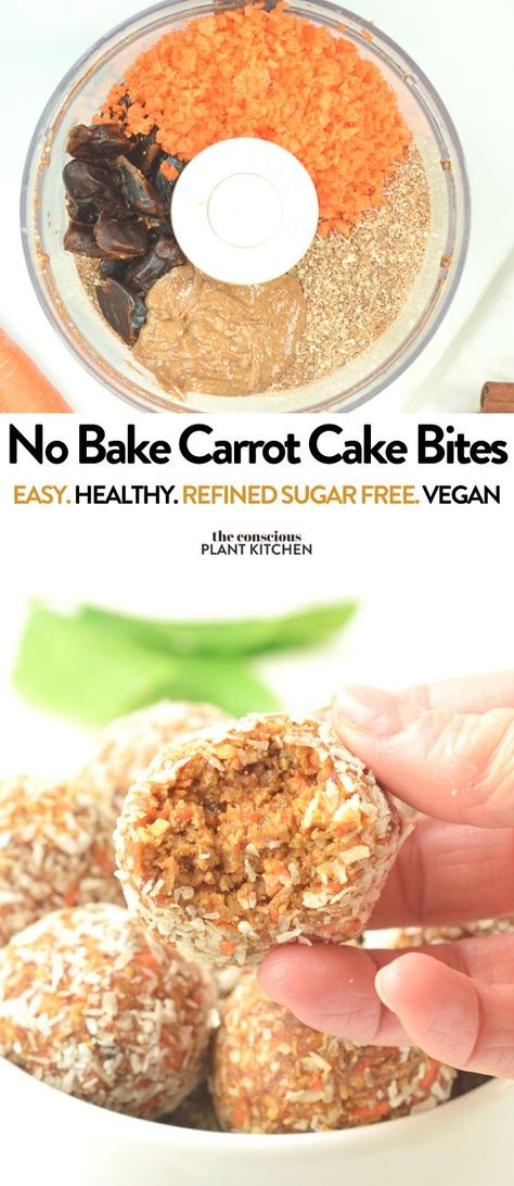 Vegan Protein Snacks, Carrot Cake Bites, Vegan Energy Balls, Energy Bites Recipes, Healthy Carrot Cakes, Energy Ball Recipe, Vegan Carrot Cakes, Desserts Vegan, Cake Bites