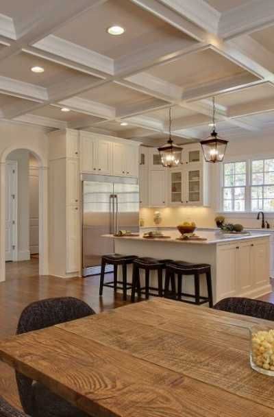 Coffered Ceiling In Kitchen, Cofford Ceilings, Kitchen Coffered Ceiling, Coffered Ceiling Lighting, Coffered Ceiling Kitchen, Coffered Ceiling Ideas, Painted Ceiling Beams, Kitchen Ceilings, Ceilings Ideas