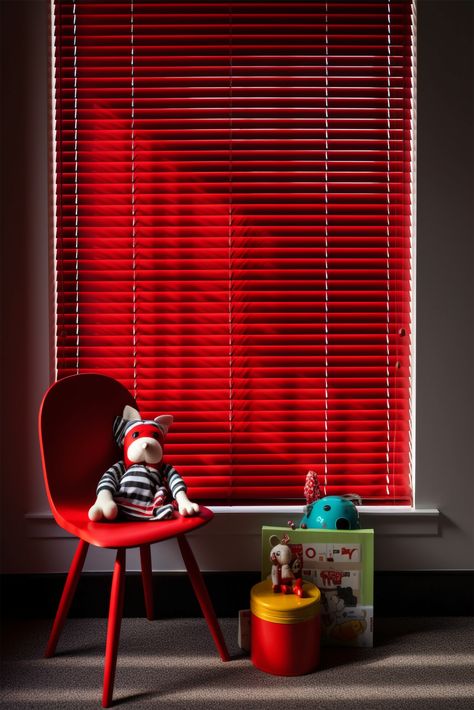 Glossy Red Venetian Blinds In A Playroom Orange Blinds Bedroom, Red Velvet Blinds, Wooden Venetian Blinds Bedroom, Black Venitian Blinds, Red Blinds, Blinds Ideas, Fitted Blinds, Venetian Blinds, Bright Red