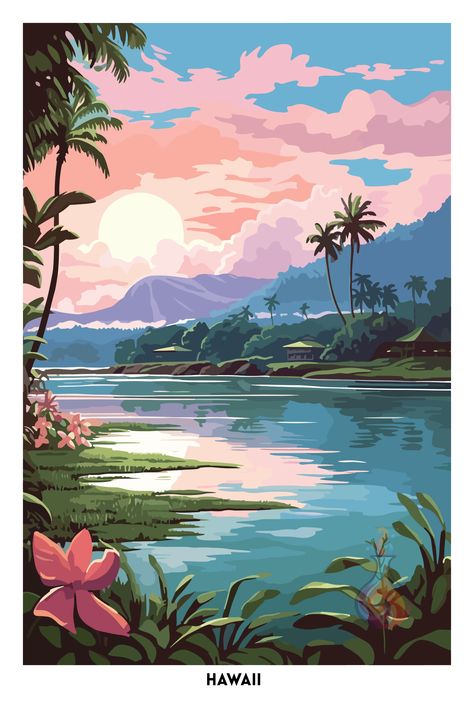 🌴 Wonderful wall art, perfect for coastal style house decor! 😃🍹🏄‍♀️ Summer Posters Ideas, Beach House Poster, Hawaii Illustration, Star Wars Travel Posters, Beautiful Scenery Drawing, Hawaii Decor, Hawaii Poster, Hawaii Art Print, Posters Photography