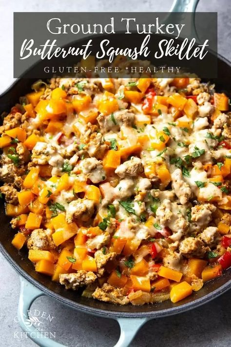 Ground Turkey Butternut Squash, Butternut Squash Skillet, Turkey Butternut Squash, Butternut Squash Dinner, Healthy Skillet Meals, Skillet Recipes, Butternut Squash Recipes, Ground Turkey Recipes, Quick Dinner Recipes