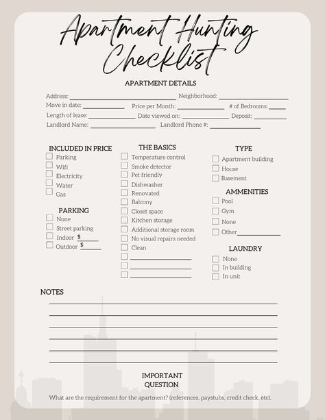 Apartment Hunting Checklist, New Apartment Checklist, Hunting Checklist, House Hunting Checklist, Apartment Necessities, First Apartment Tips, New Home Essentials, New Home Checklist, First Apartment Checklist