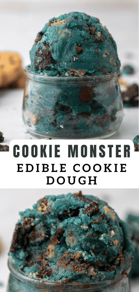 This cookie monster edible cookie dough is a fun play on edible cookie dough and cookie monsters. Make this as a late night snack or as a fun dessert to serve during birthday parties! Cookie Monster Cookie Dough, Edible Dough Recipes, Cookie Monster Recipes, Cookie Monster Desserts, Cookie Monster Food, Blw Snacks, Recipes Cookie Dough, Edible Business, Cookie Dough Flavors