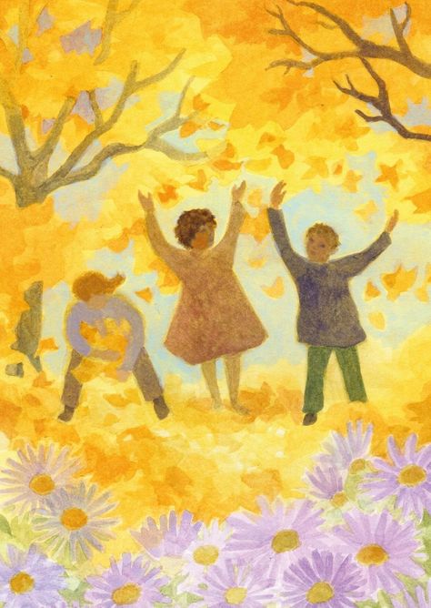 Autumn is here! Leaves are falling, rustling and children are enjoying the bright colours.  Illustrator: Ella Manor Lapointe Format: DIN A6 You can find more beautiful postcards and articles on the theme of autumn here. Waldorf Playroom, Waldorf Kindergarten, Fall Artwork, Leaves Illustration, Autumn Illustration, Postcard Collection, Waldorf Inspired, Inspirational Images, Art Works