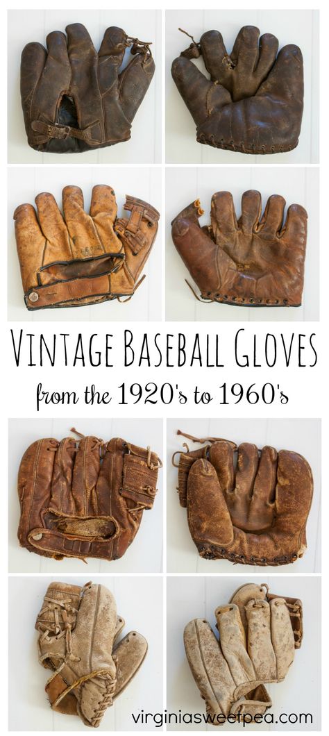 See a collection of vintage Baseball Gloves from the 1920's to 1960's Brands include Goldsmith, D&M, Sears, and a handmade glove made in Roanoke, VA. Baseball Glove Display Ideas, Baseball Memorabilia Display, Glove Ideas, Vintage Baseball Gloves, Happy Memorial Day Weekend, Olive Bucket, Yellow Brick Home, Baseball Gloves, Vintage History