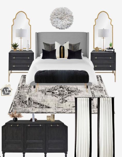 Black And Gold Nightstand, Black White And Gold Bedroom, White Gold Bedroom, Black Gold Bedroom, Gold Nightstand, Black And White Bedroom, Gold Bedroom Decor, Gold Bedroom, Elegant Bedroom