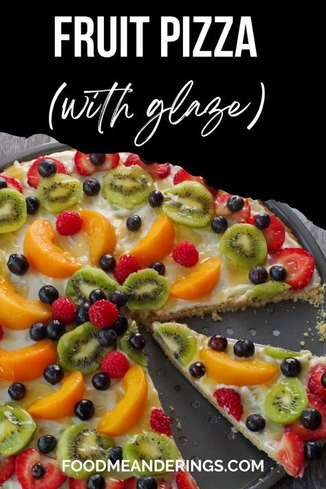 This Fruit Pizza has a creamy topping, shortbread crust, and is loaded with fresh fruit then drizzled with an orange glaze. It's a nice healthy and light dessert that's perfect for a summer cookout, potluck or BBQ. Fruit Pizza Pioneer Woman, Fruit Pizza Glaze Recipe, Glazed Fruit Pizza, Fruit Pizza With Orange Juice Glaze, Pampered Chef Fruit Pizza, Fruit Pizza With Glaze Topping, Fruit Pizza With Glaze, Pampered Chef Fruit Pizza Recipe, Fruit Pizza Glaze