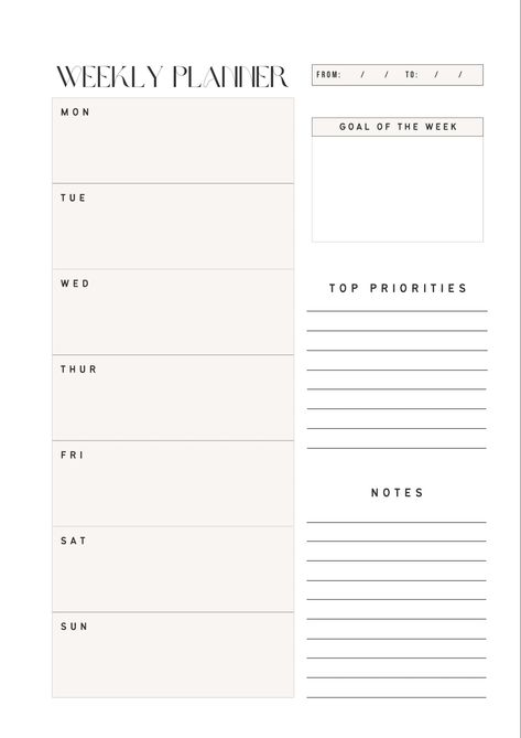 Simple yet effective weekly planner Aesthetic Weekly Planner Template, Vocab Notes, Weekly Planner Aesthetic, Weekly Agenda Template, Weekly Study Planner, Printable Notes Templates, Ipad Templates, Goodnotes Covers, Minimalist Weekly Planner