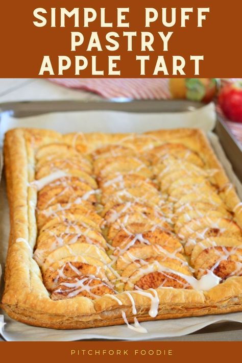 Pitchfork Foodies share this simple puff pastry apple tart recipe. This recipe is so easy to make and smells and tastes amazing. This dessert is every bit as delicious as apple pie, but not having to make a pie crust is a game-changer! Puff Pastry Apple Tart, Puff Pastry Apple, Healthy Apple Desserts, Best Apples For Baking, Apple Tart Recipe, Apple Desserts Easy, Apple Puff Pastry, Puff Pastry Tart, Thanksgiving Food Desserts