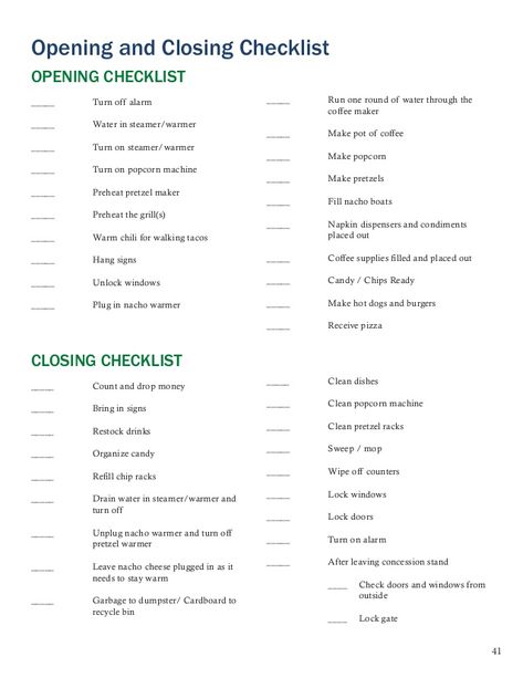 Breakfast Concession Stand Ideas, High School Football Concession Stand Ideas, School Concession Stand Ideas, Booster Club Concessions, Concessions Stand Ideas, Opening A Cafe Checklist, Baseball Concession Stand Ideas, Food Stand Ideas, Concession Stand Organization