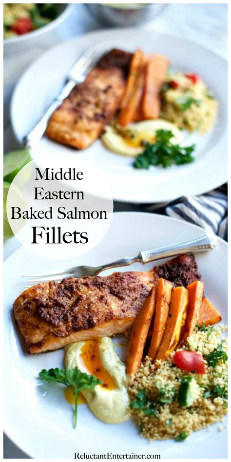 Middle-Eastern Baked Salmon Fillets #mideasternbakedsalmon #bakedsalmon #mideastern Middle Eastern Salmon, Lebanese Salmon, Greek Yogurt Sauce, Lebanese Food, Easy Salmon Recipes, Healthy Salmon, Healthiest Seafood, Mediterranean Food, Lebanese Recipes