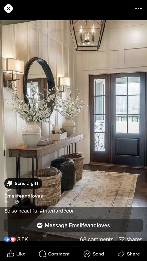 Large Entryway Ideas Foyers, French Country Entryway Ideas, Large Entryway Ideas, Front Hall Decor, Transitional Foyer, French Country Entryway, Bloxburg Hallway Ideas, Foyer Ideas Entryway, Hallway Ideas Narrow