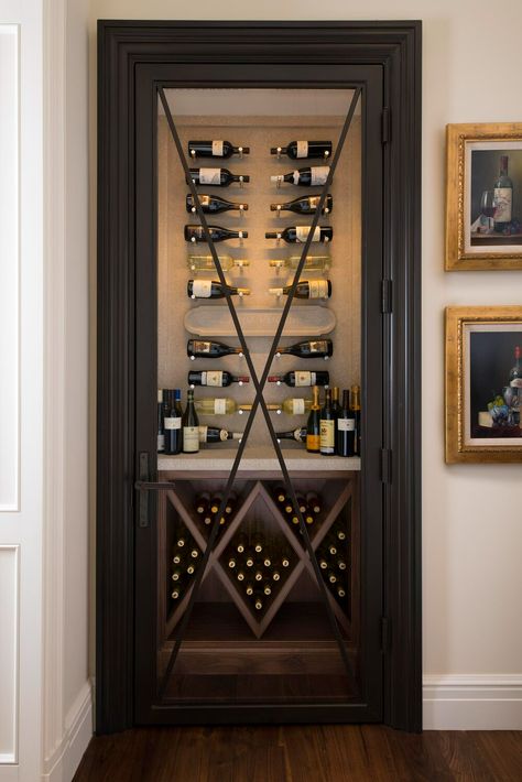 Home Wine Display, Wine Cellar Room Ideas, Wine Storage Kitchen Cabinets, Dining Room Wine Cellar, Wine Cellar Wall Ideas, Wine Closet Conversion, Closet To Wine Cellar, Closet Wine Storage, Wine Closet Door