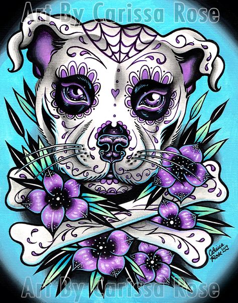 Sugar Skull Art Painting, Sugar Skull Art Drawing, Sugar Skull Drawing, Sugar Skull Wallpaper, Skull Dog, Pitbull Tattoo, Sugar Skull Artwork, Skull Girl Tattoo, Pitbull Art