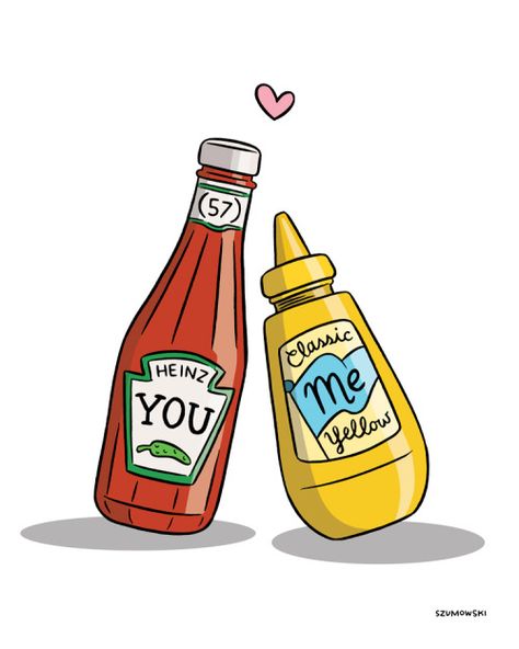 ketchup and mustard love - custom illustration by Laura Szumowski Ketchup Illustration, Mustard Illustration, Kraft Dinner, Painted Shirt, Ketchup And Mustard, Developer Logo, Mini Doodle, Paint Shirts, We Go Together