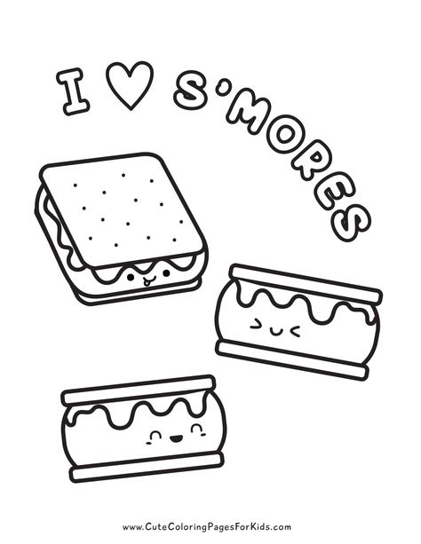 Grab these fun camping coloring pages for kids with the words "i heart s'mores" and drawing of three cute smores S’mores Coloring Sheet, Preschool Smores Activities, Smores Coloring Page, S’mores Activities Preschool, Squirrel Scouts, Camping Worksheets, Camping Week, Summer Daycare, Back To School Coloring Pages