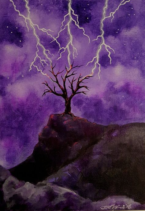 Oil Pastel Lightning, Thunder Canvas Painting, Painting Ideas Lightning, Lightning Artwork, Acrylic Lightning Painting, Lightning Painting Acrylic, Painting Ideas On Canvas Lightning, Lightning Bolt Painting Canvas, Lightning Striking Tree