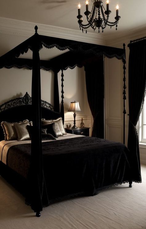 Create a gothic bedroom aesthetic with a modern twist by incorporating sleek black furniture, velvet textures, and ornate wall mirrors. Add statement lighting fixtures and dramatic drapes for a truly enchanting atmosphere. Transform your bedroom into a modern gothic sanctuary by incorporating dark colors like deep purples or rich burgundies. Gothic Bedroom Aesthetic, Modern Gothic Bedroom, Black Room Decor, Gothic Decor Bedroom, Bedroom Vibes, Dream Bedroom Inspiration, Gothic Bedroom, Modern Gothic, Dark Home Decor