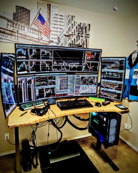 Work Setup, Trading Desk, Computer Gaming Room, Computer Desk Setup, Home Studio Setup, Desktop Setup, Office Space Design, Crypto Trading, Studio Setup