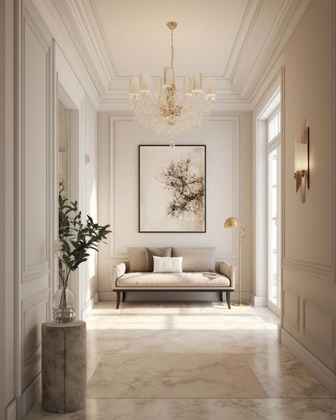 Modern French Entryway, Modern French Style Bedroom, Classic Foyer Design, Dream House Interior Living Rooms, White Interior House, French Style Home Interior, Hallway Classic, Hall Design Interior, Foyer Interior Design