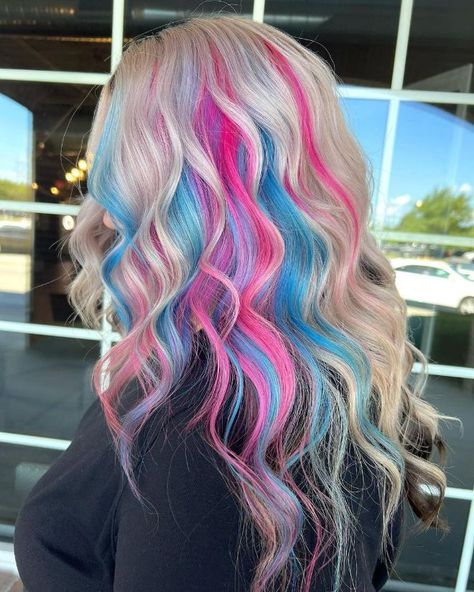 Blonde And Colorful Hair Ideas, Fun Hair Ideas For Blondes, Blue And Pink Highlights In Blonde Hair, Vivid Lowlights, Vivid Hair Color With Blonde, Blonde Pink And Blue Hair, Vivid Highlights Blondes, Fun Color Highlights For Blondes, Colorful Highlights In Blonde Hair