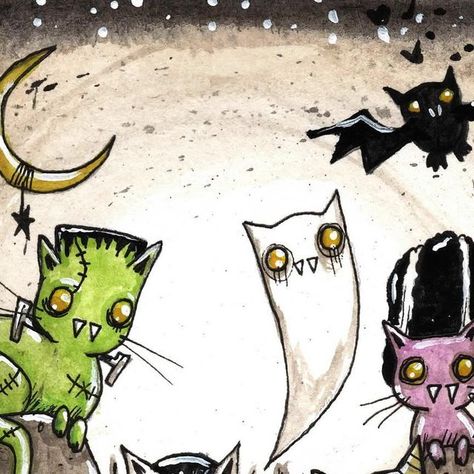 Emi Boz on Instagram: "bidding starts at 23 usd for a “Kitty Monsters” signed print, comment with your bid below 
.
#universalmonsters #kitty #frankenstein #dracula #brideoffrankenstein #mummy #halloweenart" Universal Monsters, Bride Of Frankenstein, Halloween Printables, Dracula, Frankenstein, Halloween Art, Kitty, Halloween, On Instagram