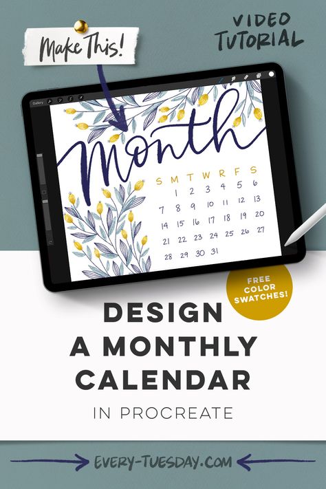 Design a Monthly Calendar in Procreate - Every-Tuesday | Blog | Every-Tuesday Make A Color Palette, Free Procreate, Procreate Brushes Free, Ink Brush, Guided Drawing, Digital Artists, Colorful Leaves, Monthly Calendar, Simple Lines